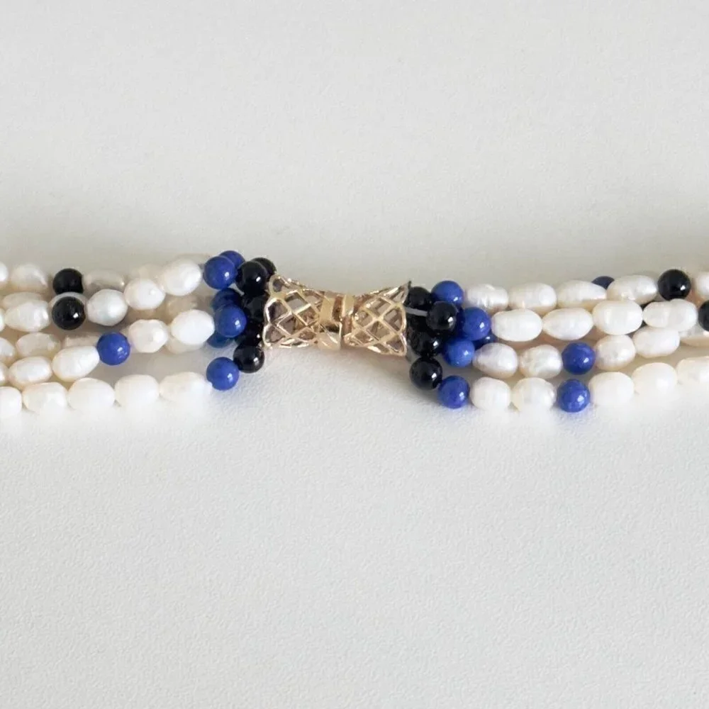 Vintage 14k Yellow Gold Pearl 6 Row Multi Strand Onyx Lapis Statement Necklace